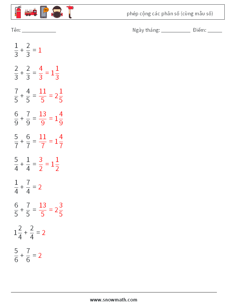(10) phép cộng các phân số (cùng mẫu số) Bảng tính toán học 1 Câu hỏi, câu trả lời
