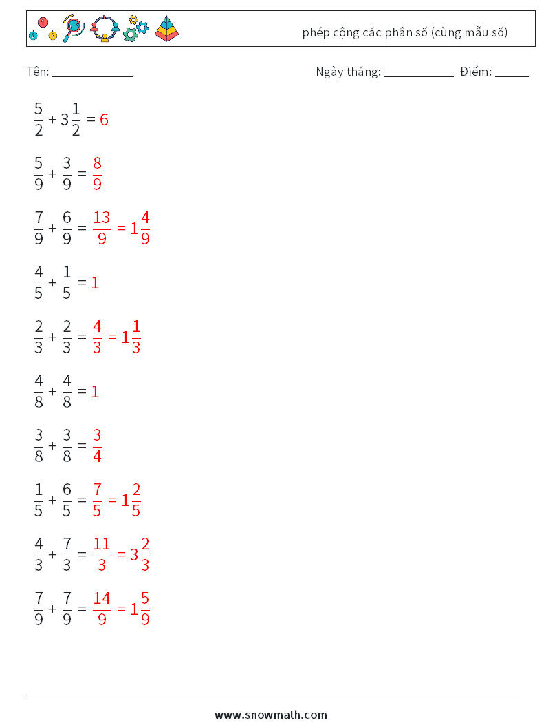 (10) phép cộng các phân số (cùng mẫu số) Bảng tính toán học 2 Câu hỏi, câu trả lời