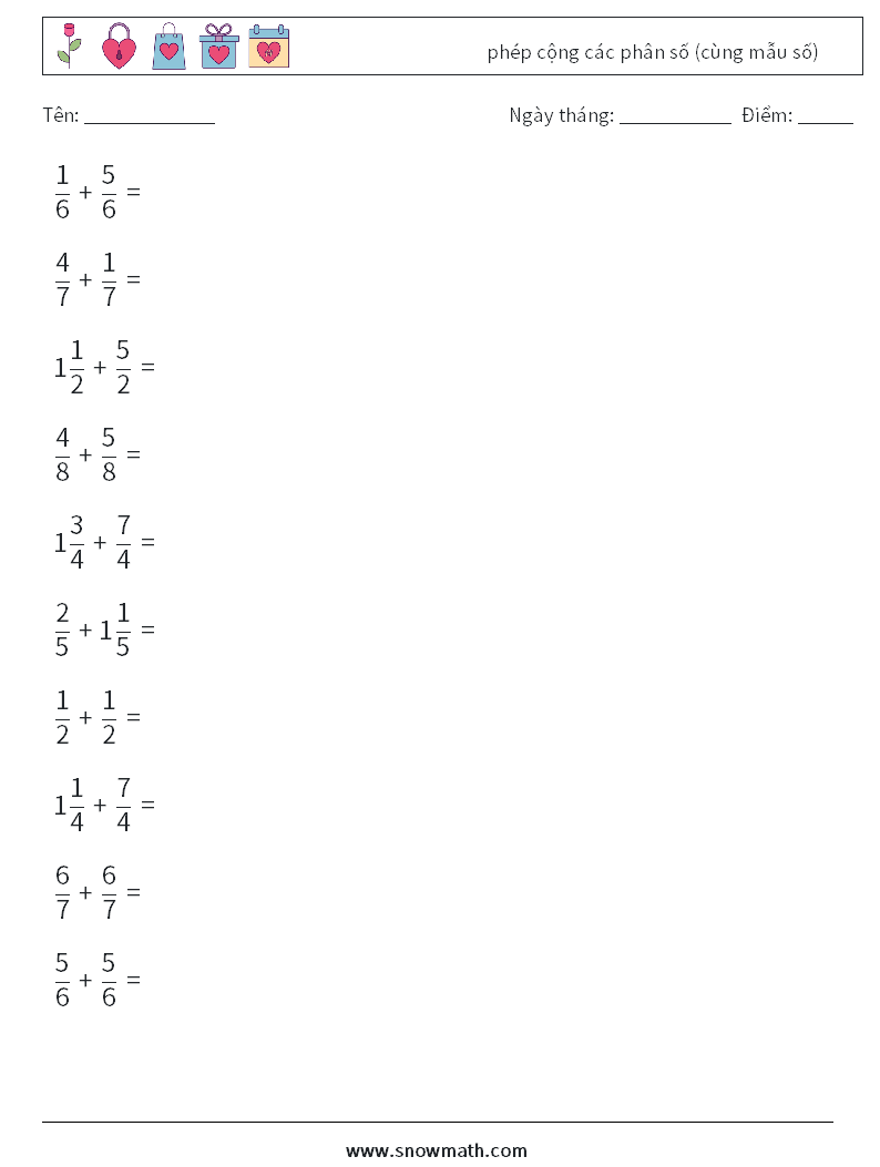 (10) phép cộng các phân số (cùng mẫu số) Bảng tính toán học 5