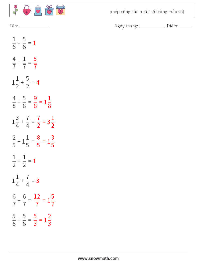 (10) phép cộng các phân số (cùng mẫu số) Bảng tính toán học 5 Câu hỏi, câu trả lời