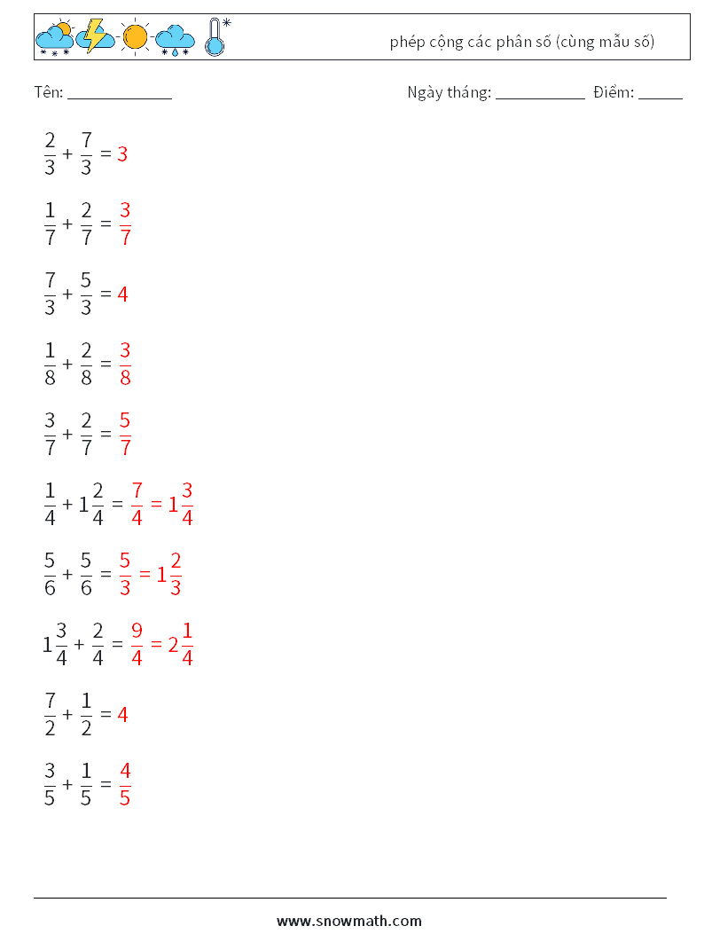 (10) phép cộng các phân số (cùng mẫu số) Bảng tính toán học 6 Câu hỏi, câu trả lời