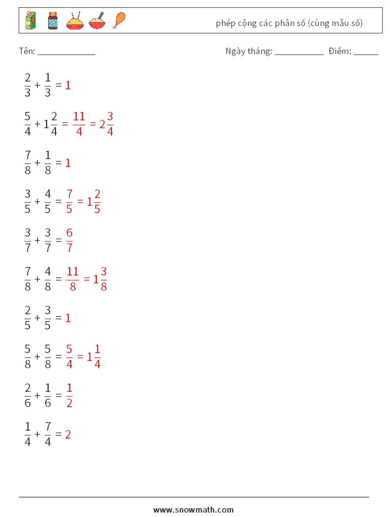 (10) phép cộng các phân số (cùng mẫu số) Bảng tính toán học 8 Câu hỏi, câu trả lời
