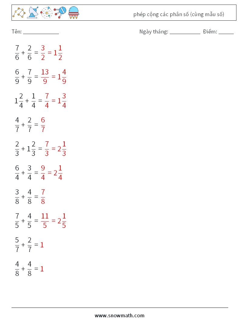 (10) phép cộng các phân số (cùng mẫu số) Bảng tính toán học 9 Câu hỏi, câu trả lời