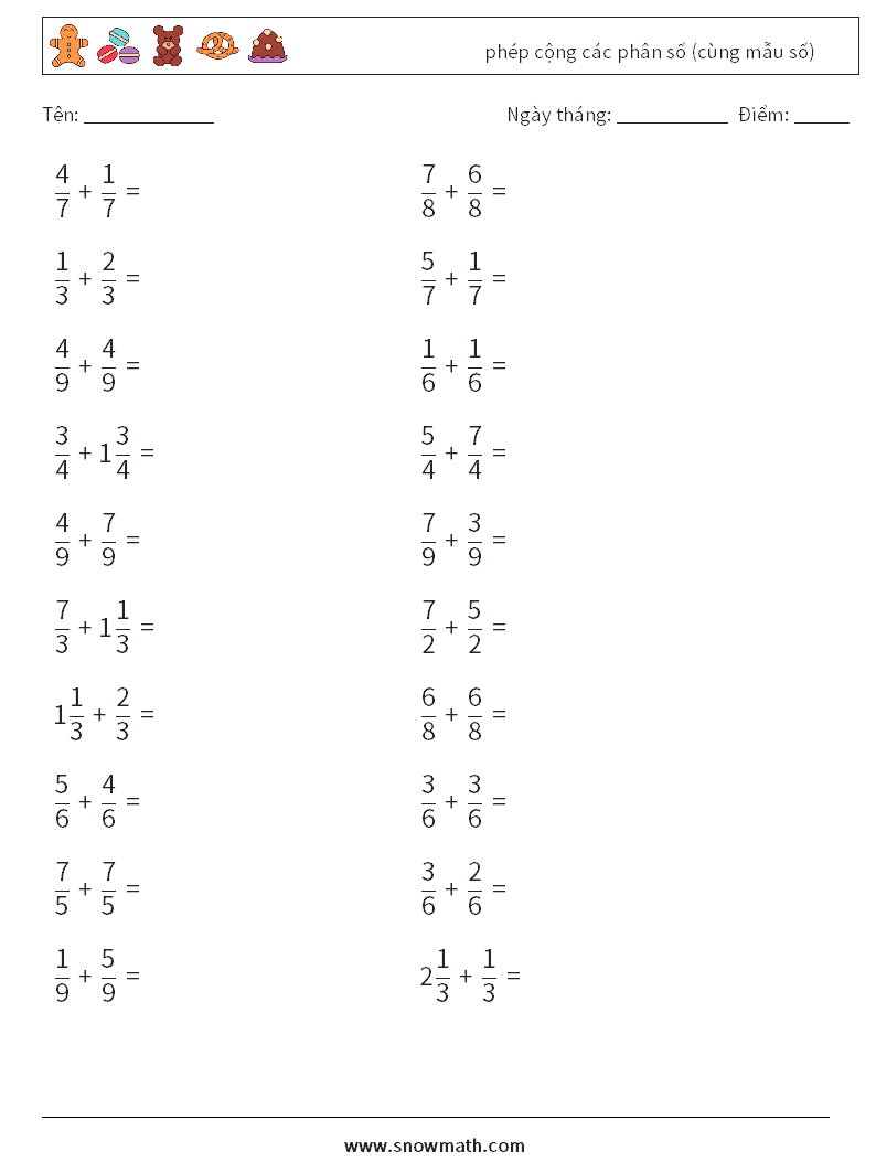 (20) phép cộng các phân số (cùng mẫu số) Bảng tính toán học 10