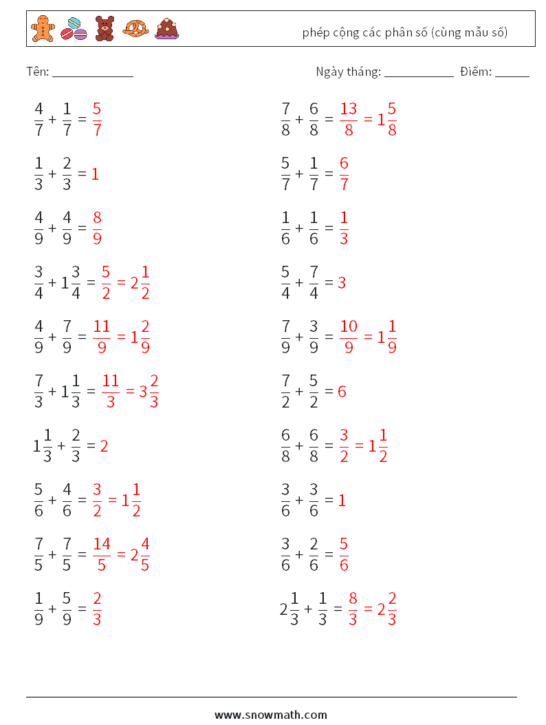 (20) phép cộng các phân số (cùng mẫu số) Bảng tính toán học 10 Câu hỏi, câu trả lời