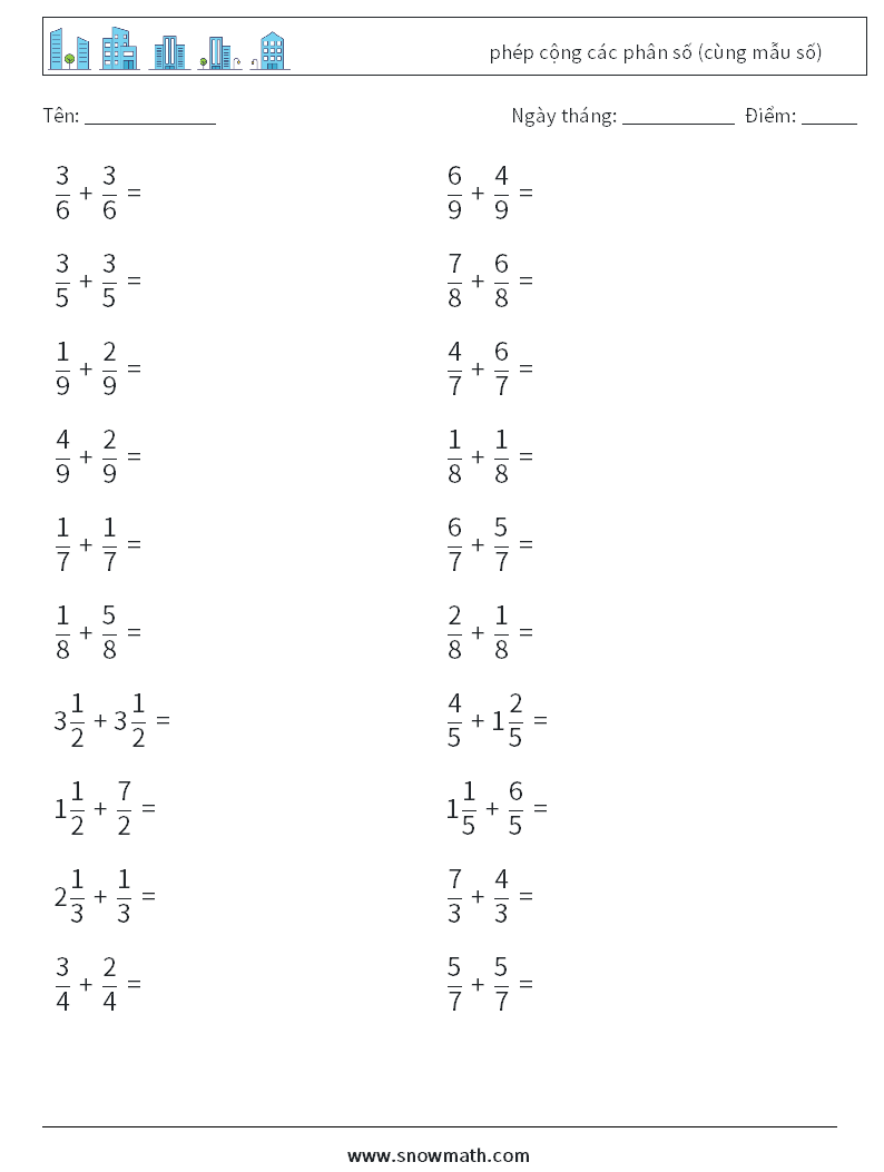 (20) phép cộng các phân số (cùng mẫu số) Bảng tính toán học 11