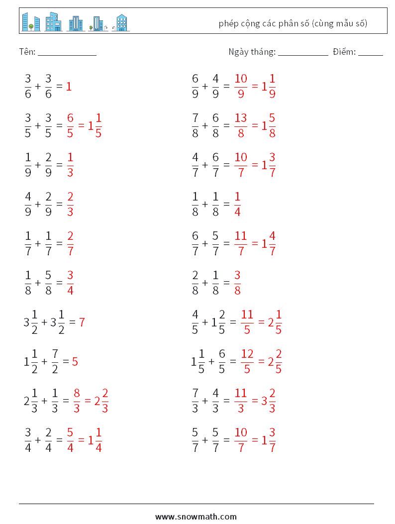 (20) phép cộng các phân số (cùng mẫu số) Bảng tính toán học 11 Câu hỏi, câu trả lời