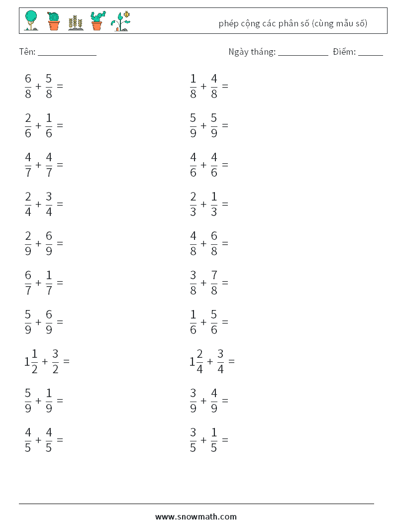 (20) phép cộng các phân số (cùng mẫu số) Bảng tính toán học 12