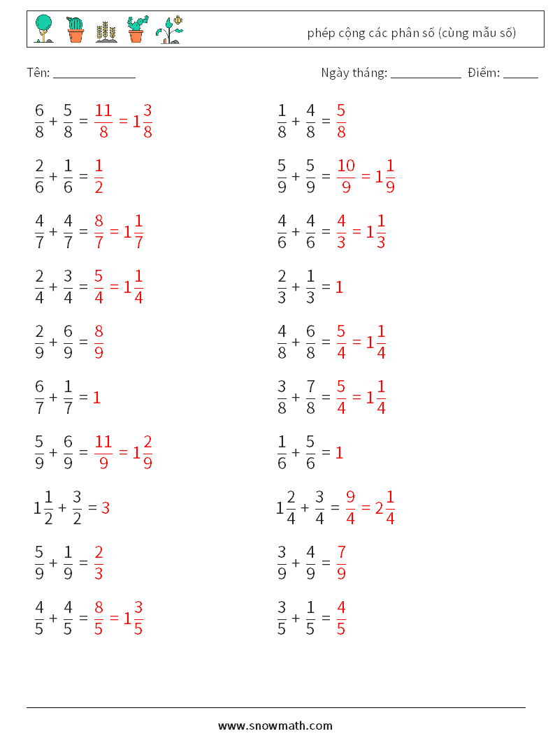(20) phép cộng các phân số (cùng mẫu số) Bảng tính toán học 12 Câu hỏi, câu trả lời