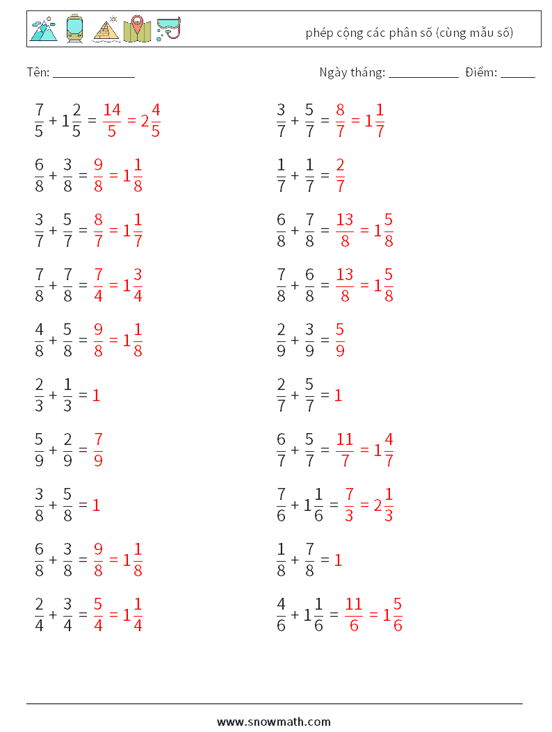 (20) phép cộng các phân số (cùng mẫu số) Bảng tính toán học 13 Câu hỏi, câu trả lời