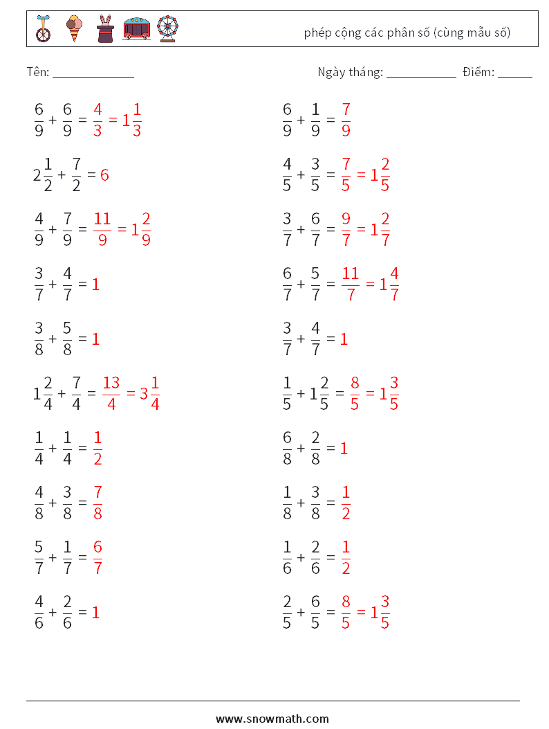 (20) phép cộng các phân số (cùng mẫu số) Bảng tính toán học 14 Câu hỏi, câu trả lời