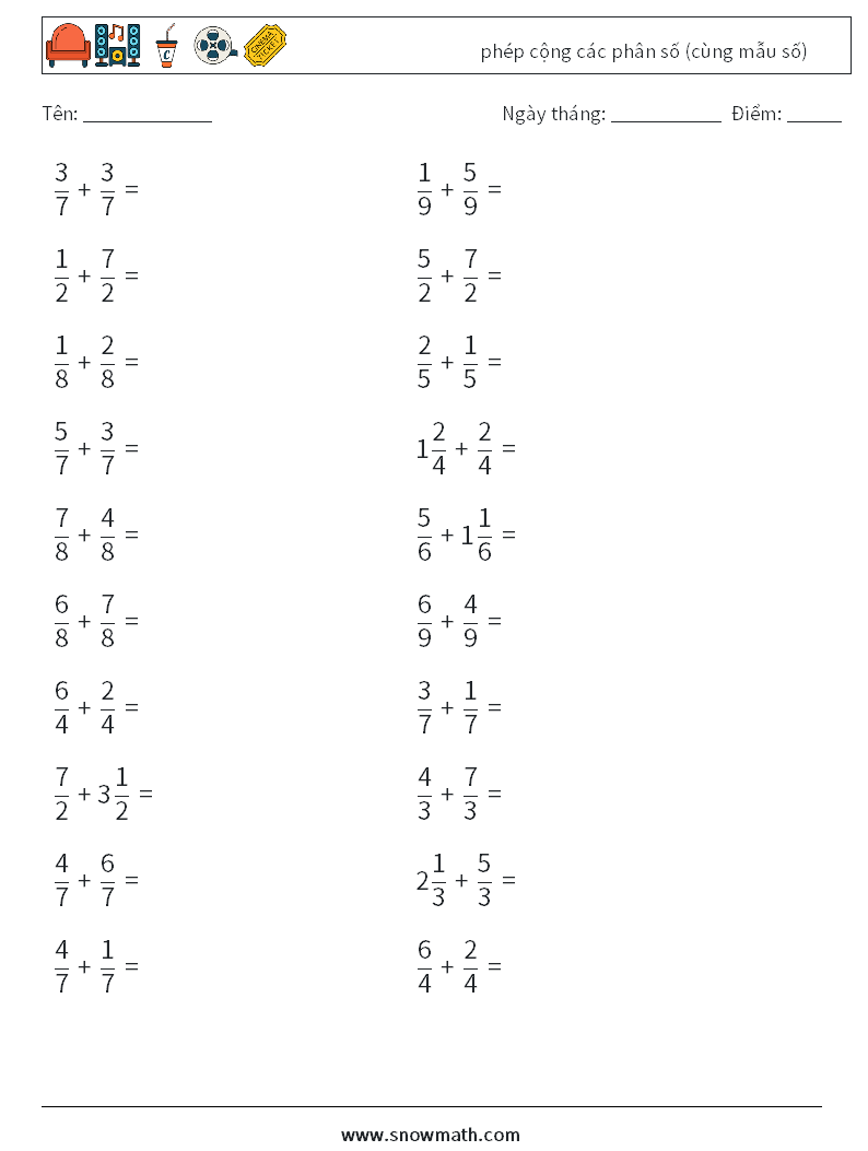 (20) phép cộng các phân số (cùng mẫu số) Bảng tính toán học 15