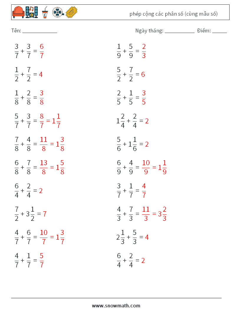(20) phép cộng các phân số (cùng mẫu số) Bảng tính toán học 15 Câu hỏi, câu trả lời