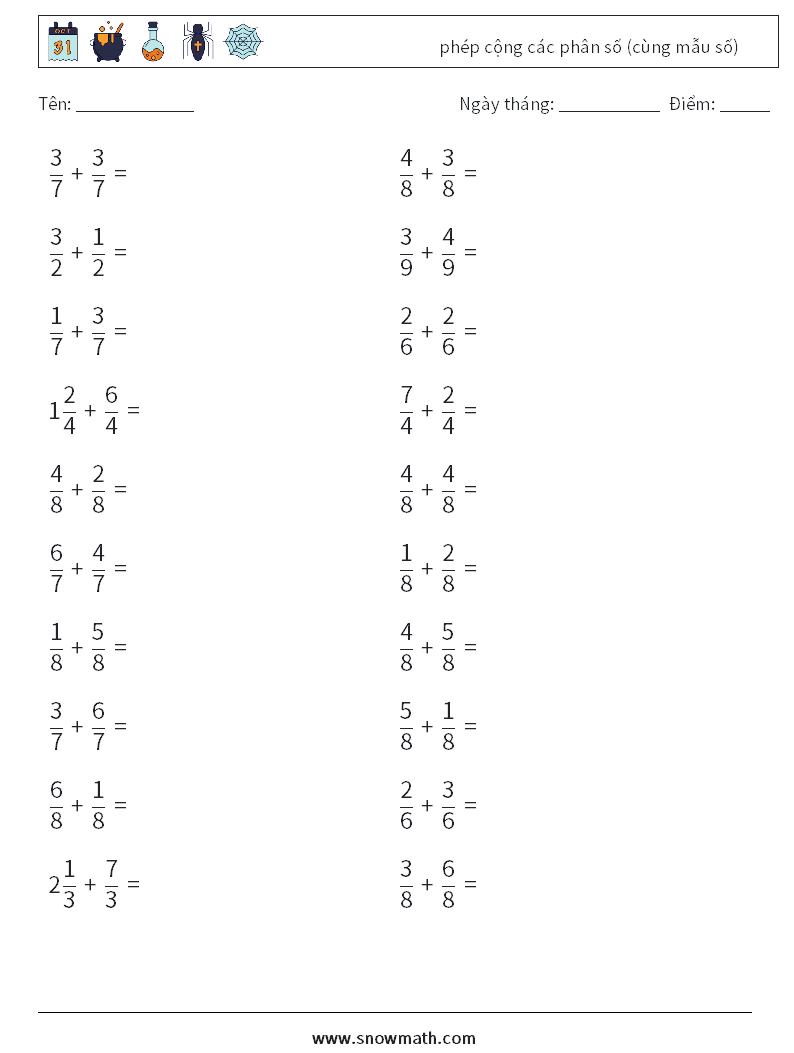 (20) phép cộng các phân số (cùng mẫu số) Bảng tính toán học 16