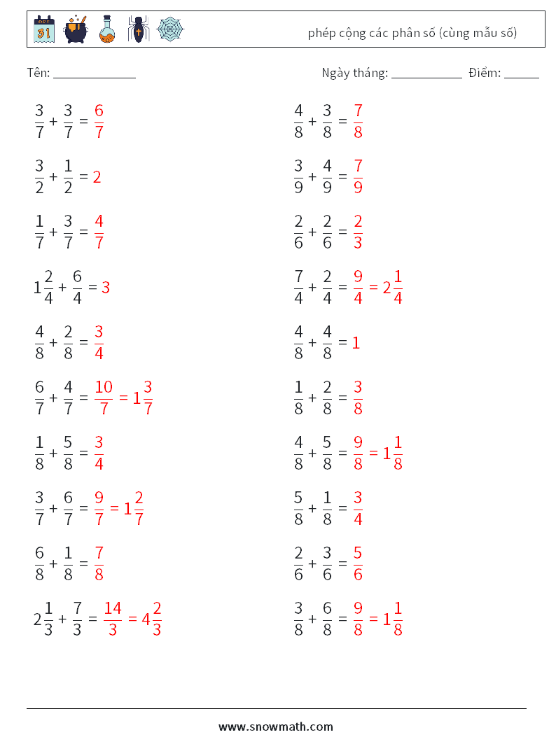 (20) phép cộng các phân số (cùng mẫu số) Bảng tính toán học 16 Câu hỏi, câu trả lời