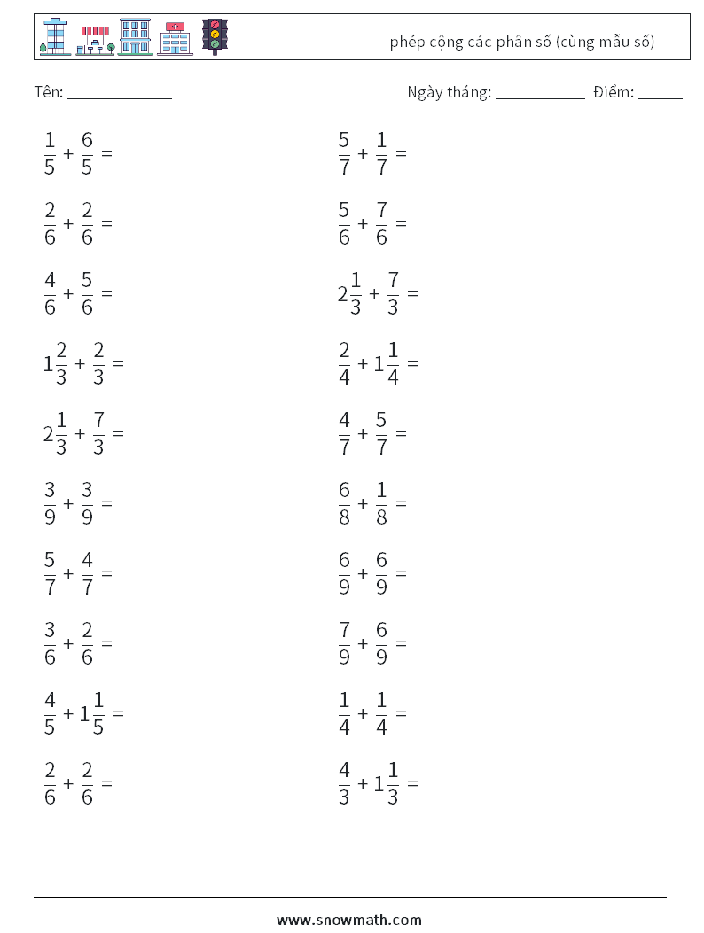 (20) phép cộng các phân số (cùng mẫu số) Bảng tính toán học 17