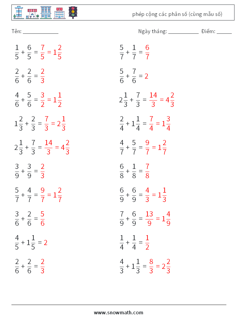 (20) phép cộng các phân số (cùng mẫu số) Bảng tính toán học 17 Câu hỏi, câu trả lời