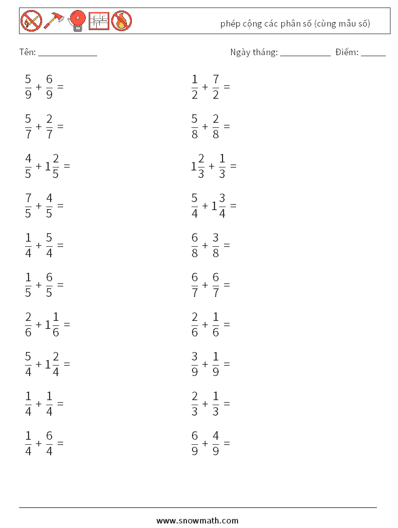 (20) phép cộng các phân số (cùng mẫu số) Bảng tính toán học 18