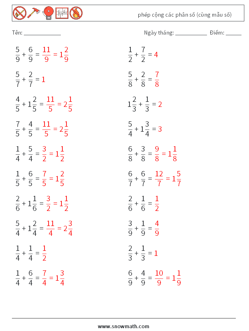 (20) phép cộng các phân số (cùng mẫu số) Bảng tính toán học 18 Câu hỏi, câu trả lời