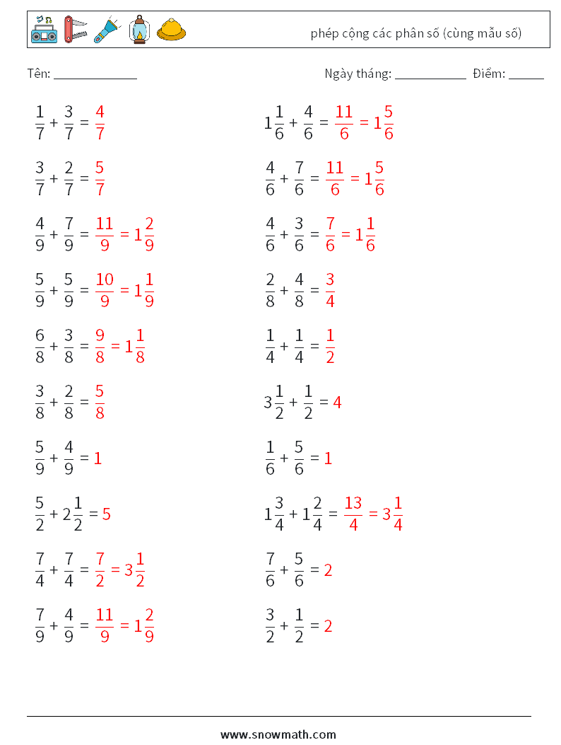 (20) phép cộng các phân số (cùng mẫu số) Bảng tính toán học 1 Câu hỏi, câu trả lời