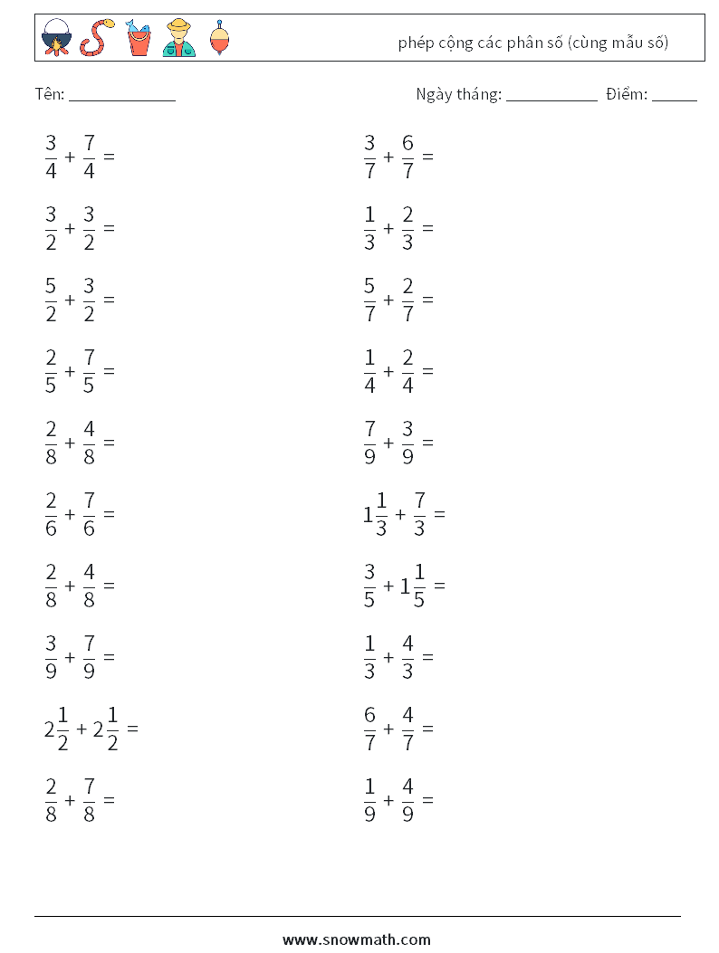 (20) phép cộng các phân số (cùng mẫu số) Bảng tính toán học 2
