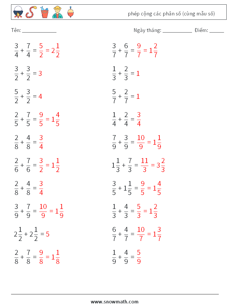 (20) phép cộng các phân số (cùng mẫu số) Bảng tính toán học 2 Câu hỏi, câu trả lời