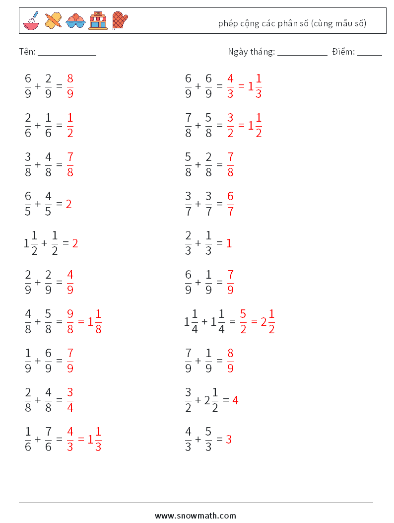 (20) phép cộng các phân số (cùng mẫu số) Bảng tính toán học 3 Câu hỏi, câu trả lời
