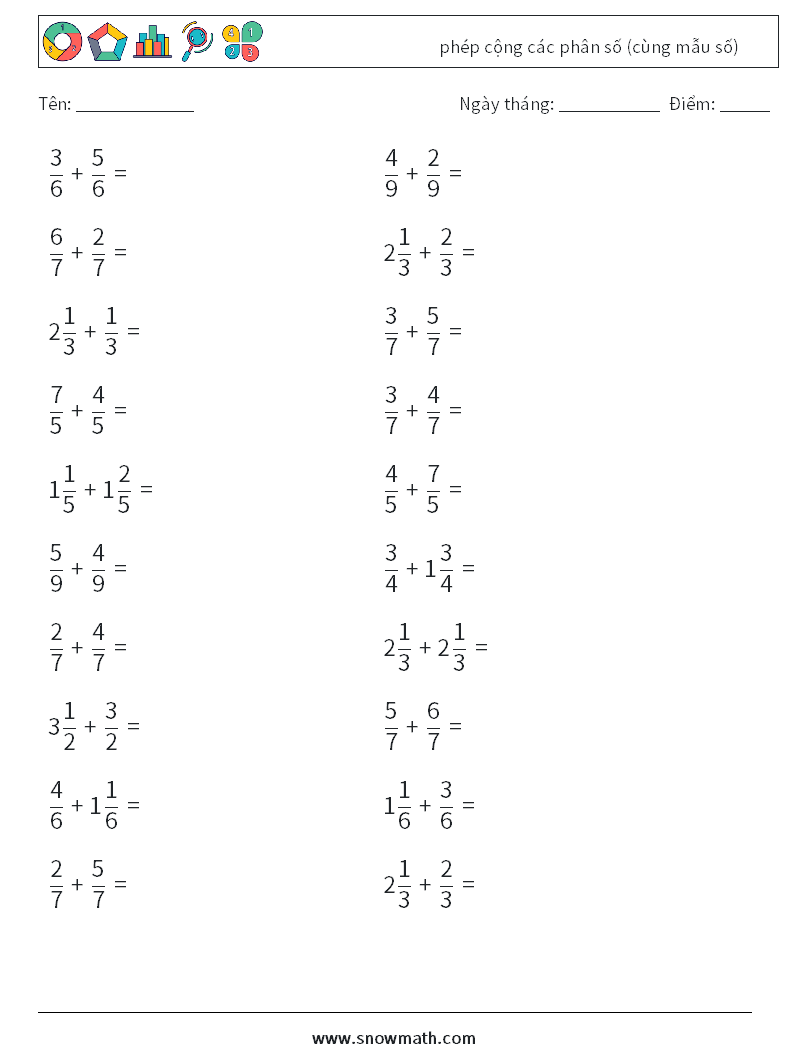 (20) phép cộng các phân số (cùng mẫu số) Bảng tính toán học 4