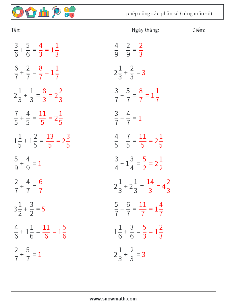 (20) phép cộng các phân số (cùng mẫu số) Bảng tính toán học 4 Câu hỏi, câu trả lời
