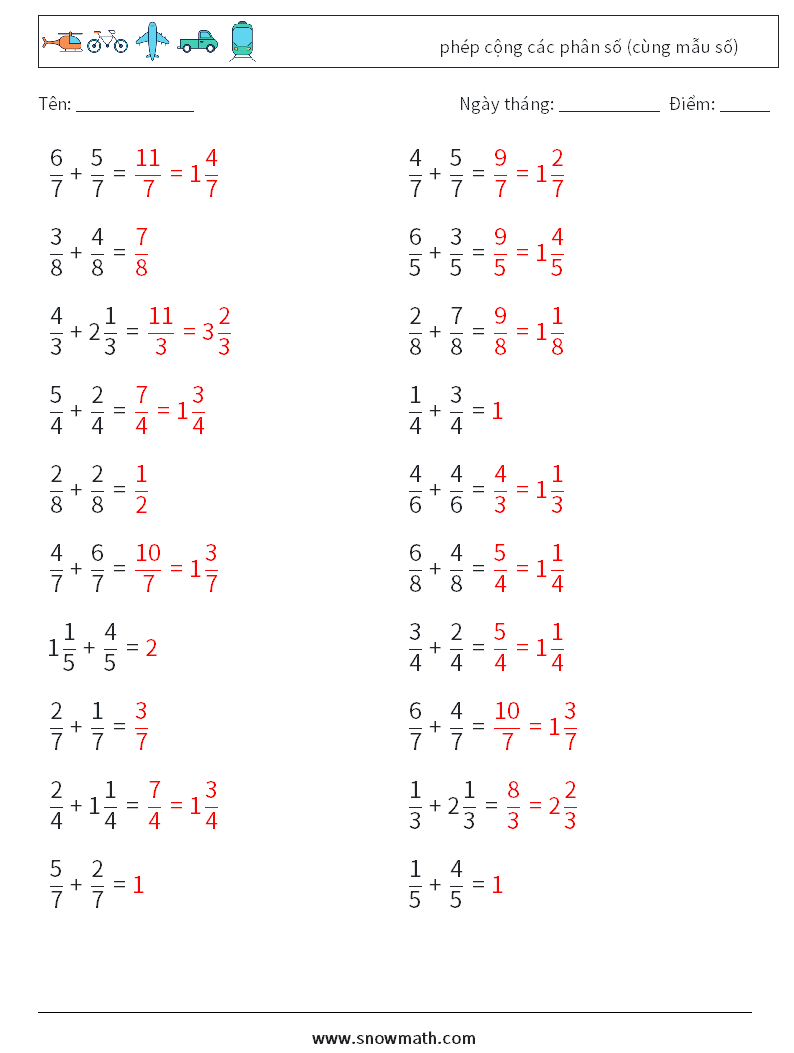 (20) phép cộng các phân số (cùng mẫu số) Bảng tính toán học 5 Câu hỏi, câu trả lời