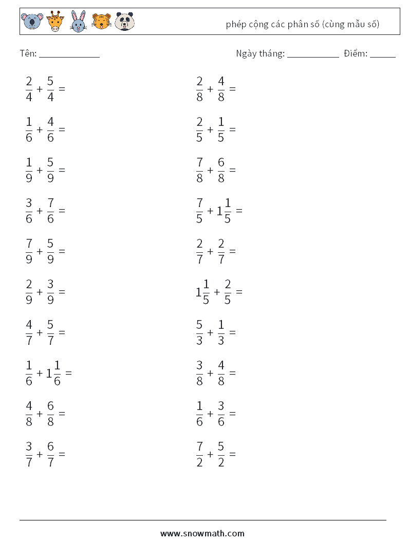 (20) phép cộng các phân số (cùng mẫu số) Bảng tính toán học 6