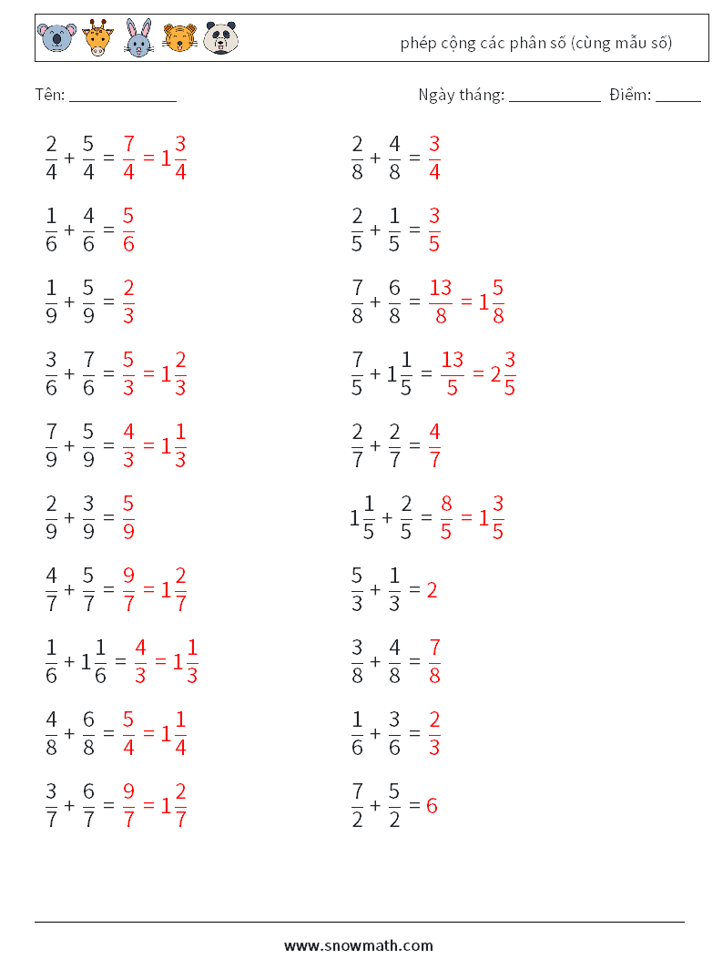 (20) phép cộng các phân số (cùng mẫu số) Bảng tính toán học 6 Câu hỏi, câu trả lời