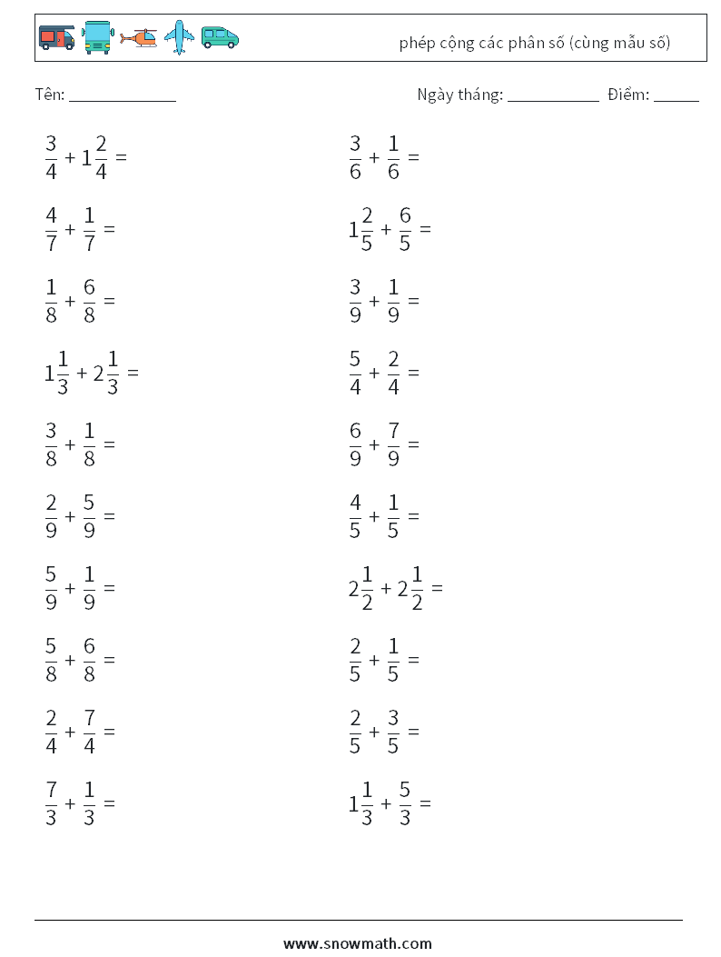 (20) phép cộng các phân số (cùng mẫu số) Bảng tính toán học 7