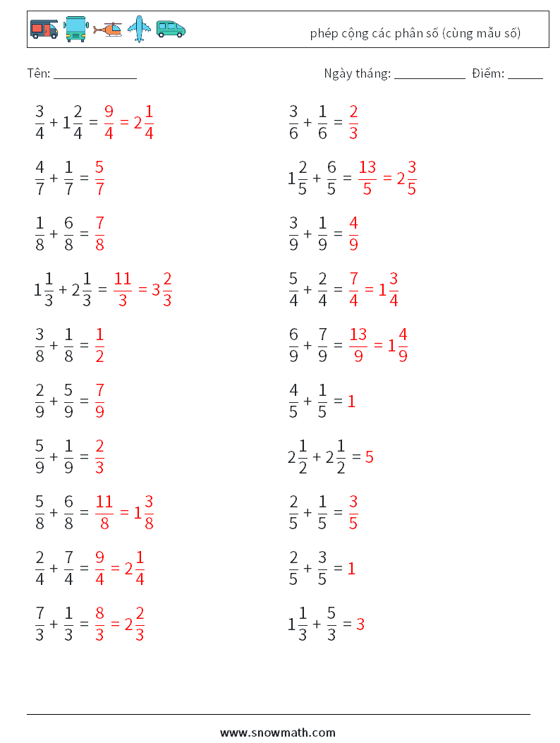 (20) phép cộng các phân số (cùng mẫu số) Bảng tính toán học 7 Câu hỏi, câu trả lời