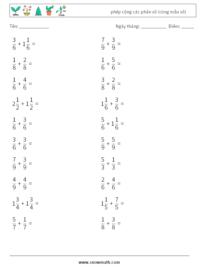 (20) phép cộng các phân số (cùng mẫu số) Bảng tính toán học 8