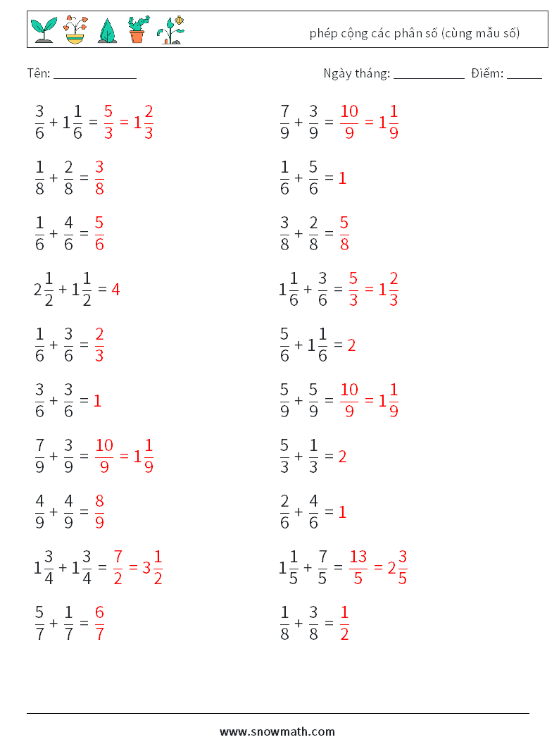 (20) phép cộng các phân số (cùng mẫu số) Bảng tính toán học 8 Câu hỏi, câu trả lời