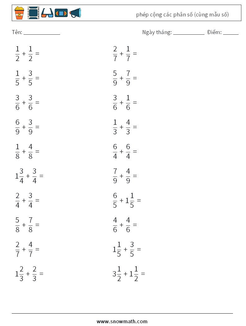 (20) phép cộng các phân số (cùng mẫu số) Bảng tính toán học 9