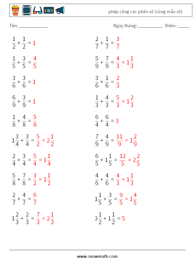 (20) phép cộng các phân số (cùng mẫu số) Bảng tính toán học 9 Câu hỏi, câu trả lời