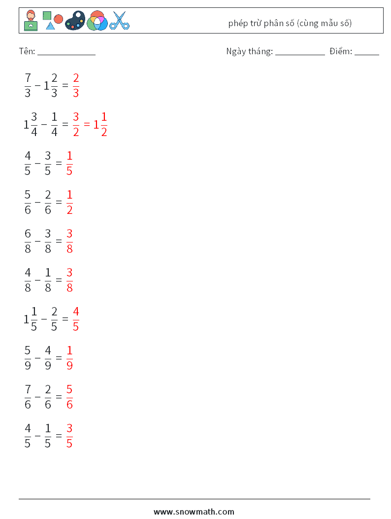 (10) phép trừ phân số (cùng mẫu số) Bảng tính toán học 13 Câu hỏi, câu trả lời
