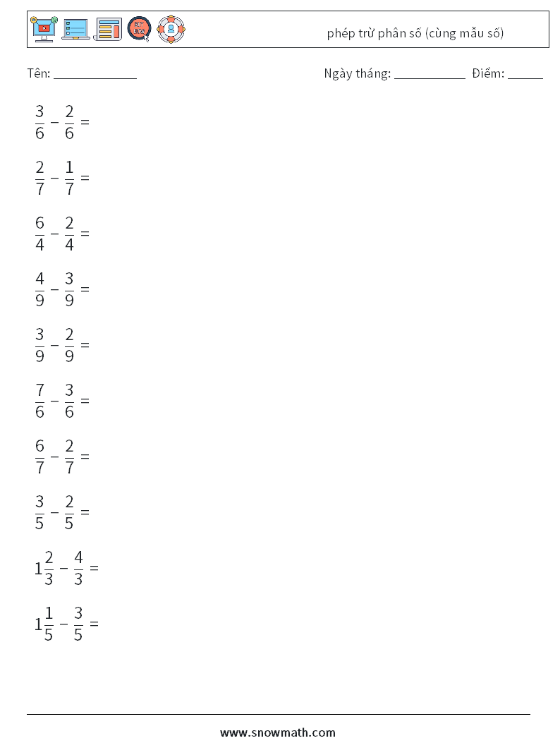 (10) phép trừ phân số (cùng mẫu số) Bảng tính toán học 14