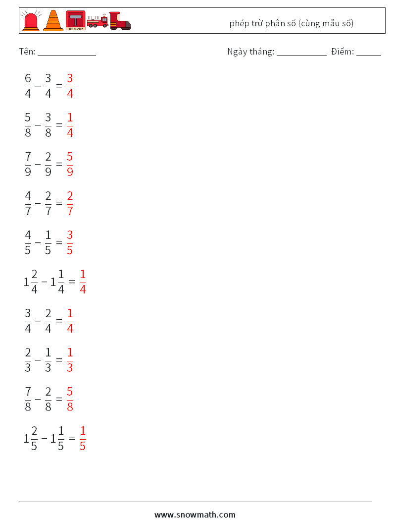 (10) phép trừ phân số (cùng mẫu số) Bảng tính toán học 18 Câu hỏi, câu trả lời