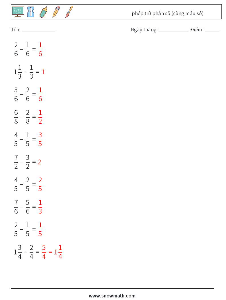 (10) phép trừ phân số (cùng mẫu số) Bảng tính toán học 2 Câu hỏi, câu trả lời