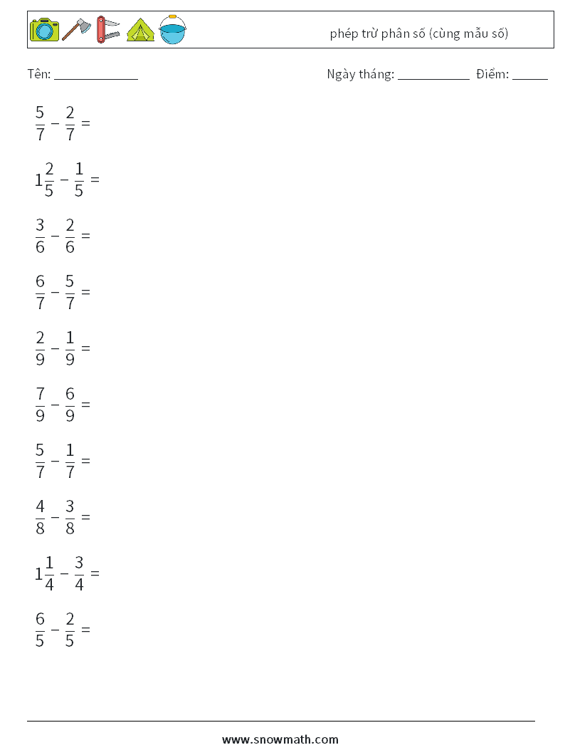 (10) phép trừ phân số (cùng mẫu số) Bảng tính toán học 7
