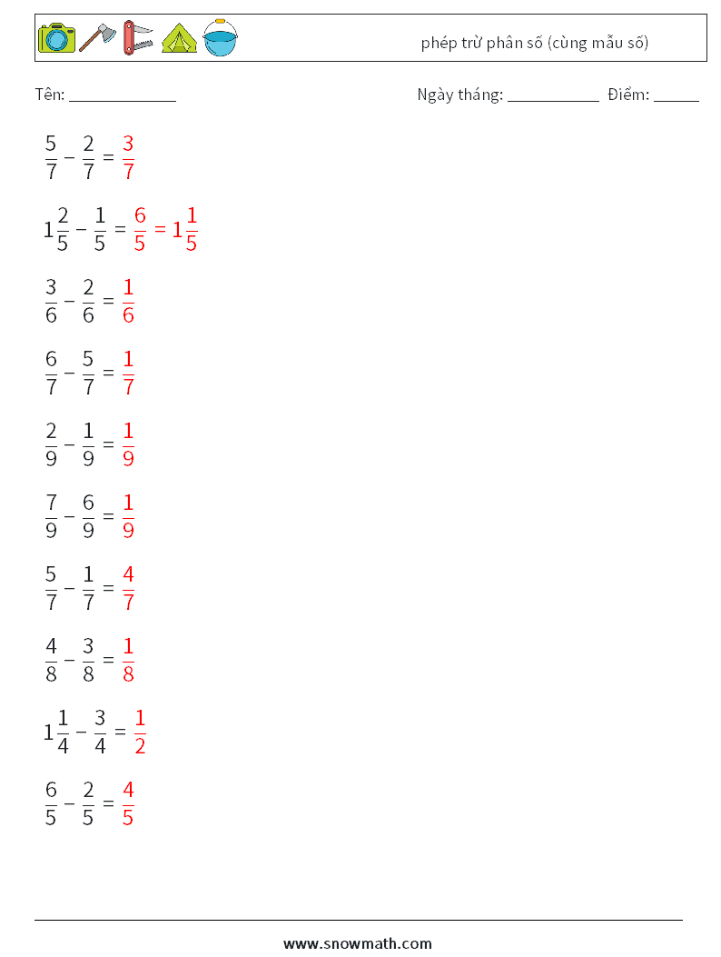 (10) phép trừ phân số (cùng mẫu số) Bảng tính toán học 7 Câu hỏi, câu trả lời