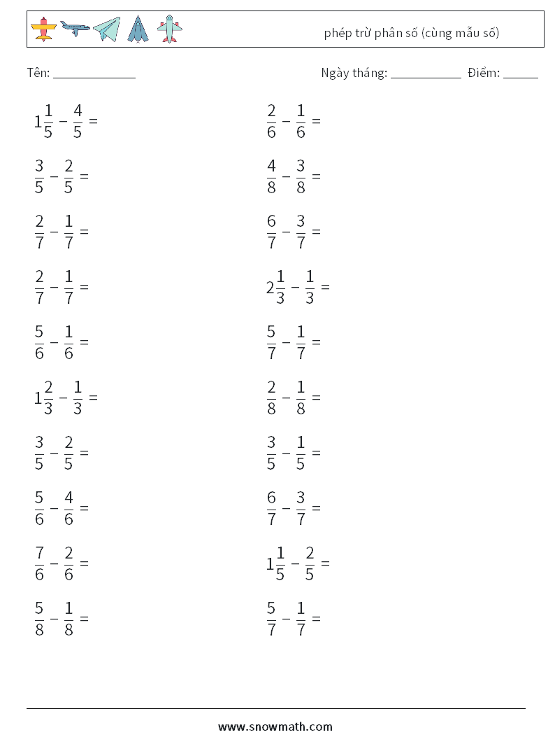 (20) phép trừ phân số (cùng mẫu số)