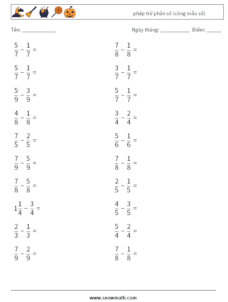 (20) phép trừ phân số (cùng mẫu số) Bảng tính toán học 10
