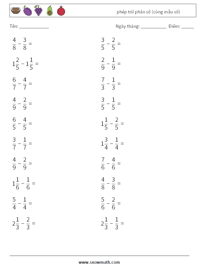 (20) phép trừ phân số (cùng mẫu số) Bảng tính toán học 16