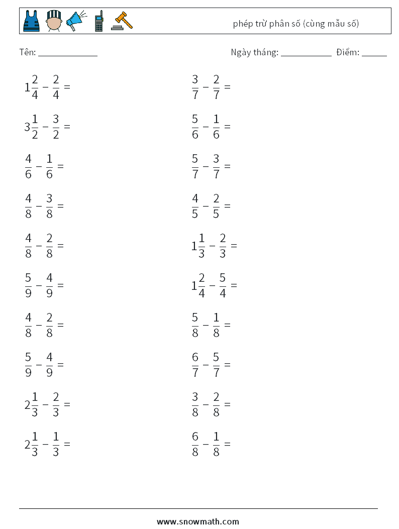 (20) phép trừ phân số (cùng mẫu số) Bảng tính toán học 3