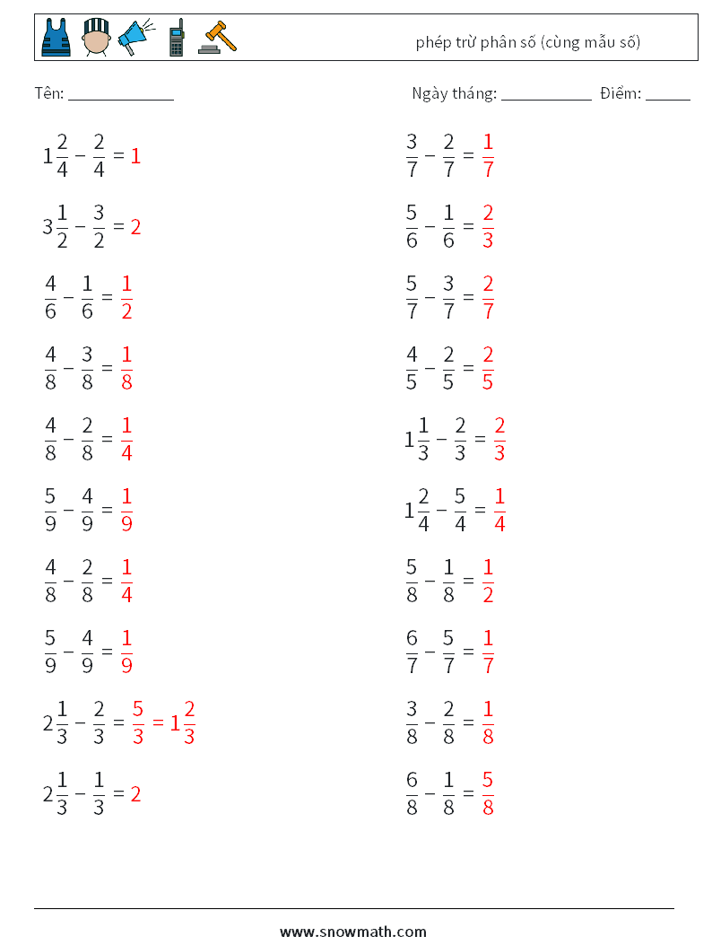 (20) phép trừ phân số (cùng mẫu số) Bảng tính toán học 3 Câu hỏi, câu trả lời
