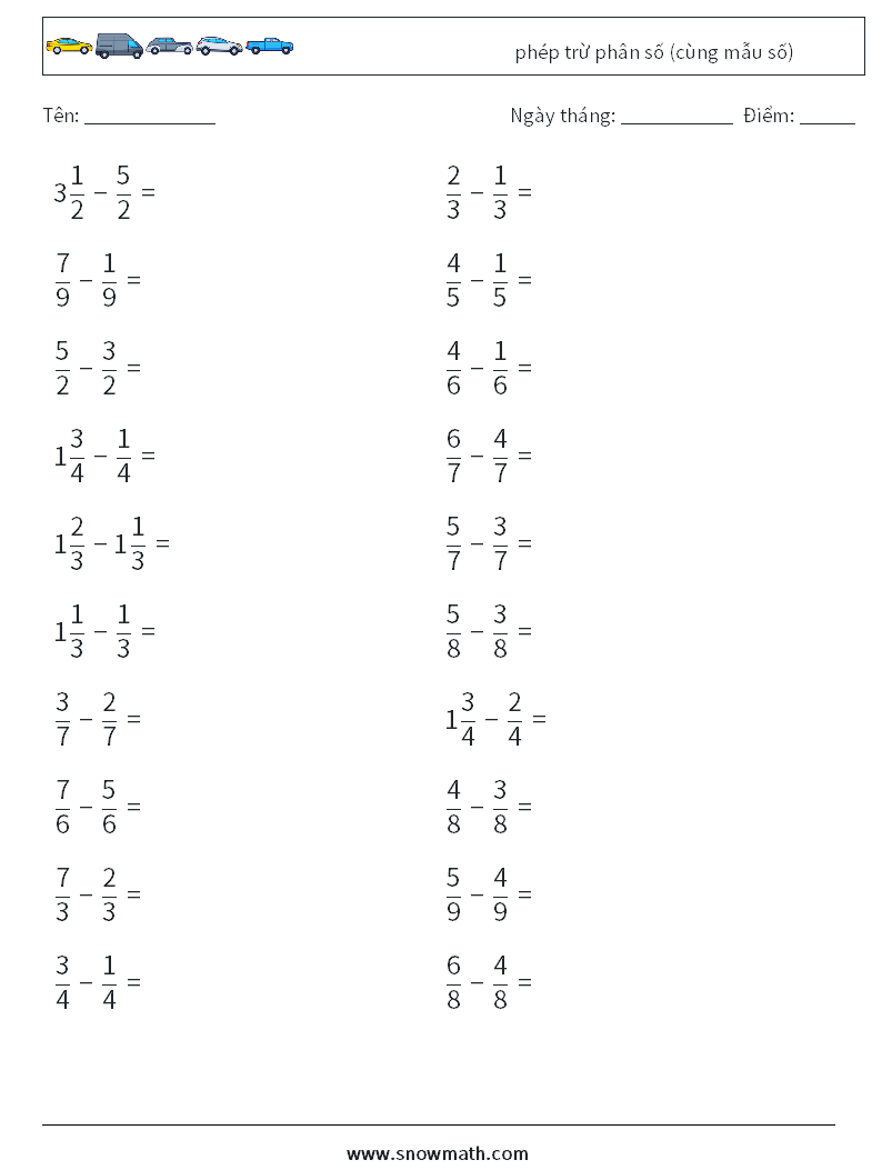 (20) phép trừ phân số (cùng mẫu số) Bảng tính toán học 4